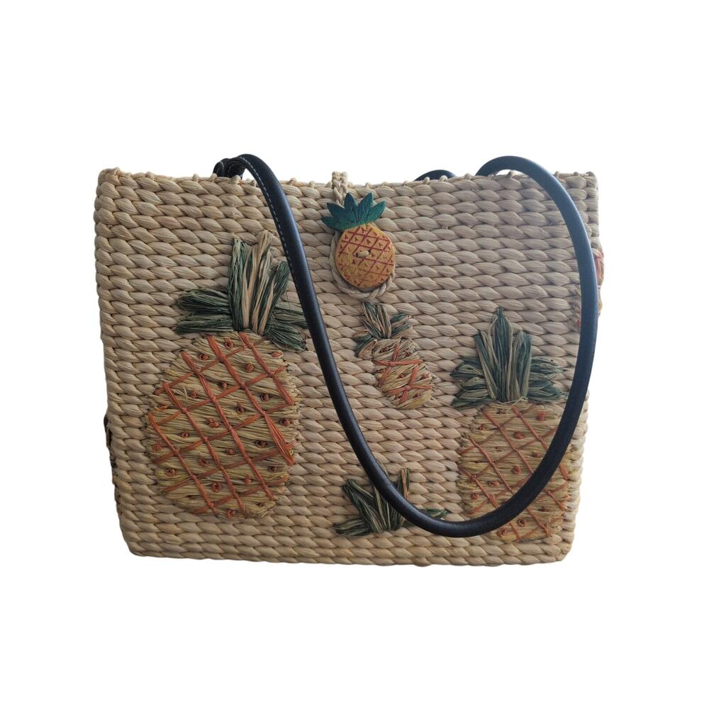70's Straw Tote Leather Pineapple Lined Yellow Gingham Beach Summer Travel Bag